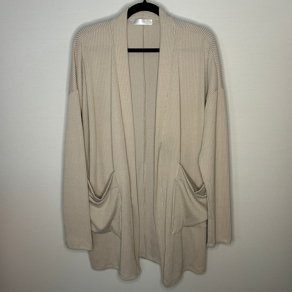 Eldridge Womens L Blush Pink Beige Ribbed Knit Open Front Cardigan Sweater Relax